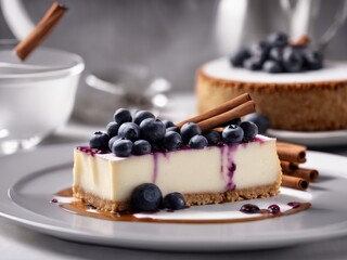  A cheese cake with blueberries and cinnamon