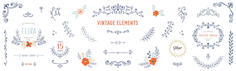 Fototapeta Ornate handdrawn elements, frames, labels, scroll and logos, branches, leaves and floral motifs. For branding, packaging and stickers for handmade goods, visual identity, business and greeting cards. obraz