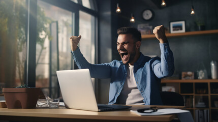 Ecstatic man sits at a desk, overwhelmed with joy, celebrating his online lottery victory. Elated, he receives an email on her laptop, rejoicing over the positive news of his job promotion. Gen. AI