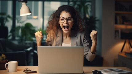 Ecstatic woman sits at a desk, overwhelmed with joy, celebrating her online lottery victory. Elated, she receives an email on her laptop, rejoicing over the positive news of her job promotion. Gen. AI