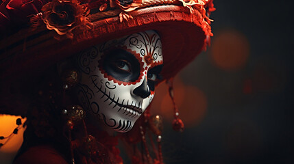 Retrato de una mujer disfrazada de Catrina con sombrero rojo y flores para el Dia de los Muertos - obrazy, fototapety, plakaty