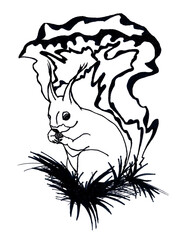 An isolated image of a cute cartoon squirrel with a fluffy fan-shaped tail. Decorative digital illustration. Cozy wallpaper with a friendly pet for good mood. A snapshot of wildlife in the forest.