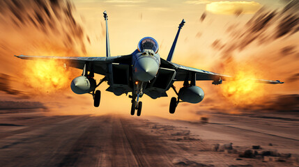 Fototapeta premium A combat military jet swiftly launches from the runway, aiming to track and hit a target, with copy space in the background.Generative AI.