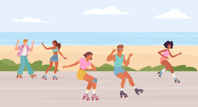 People roller background. rollerblades in seafront park, fun sport urban activity male, flat characters riding. vector cartoon background.