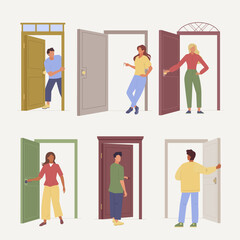 people and doors. different dressed characters open and close doors, entry or exit peeking. vector cartoon illustration.