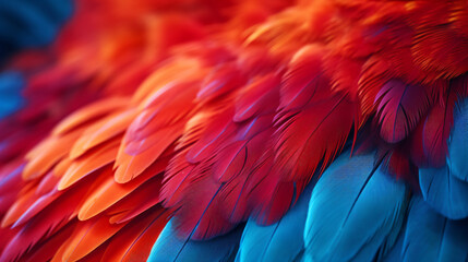 Obraz premium Closeup of a vibrant parrot. Background of parrot feathers showcasing a red and blue exotic texture.Generative AI.