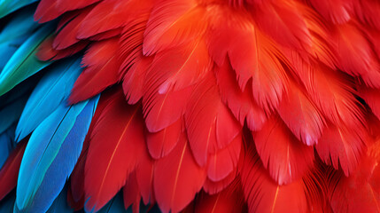 Obraz premium Closeup of a vibrant parrot. Background of parrot feathers showcasing a red and blue exotic texture.Generative AI.