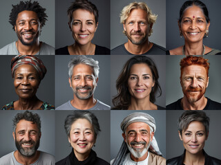Collage of ethnically different happy people modern portraits, Success, smiling and happiness multicultural faces looking at camera, Human resource society database concept, globalization..	
