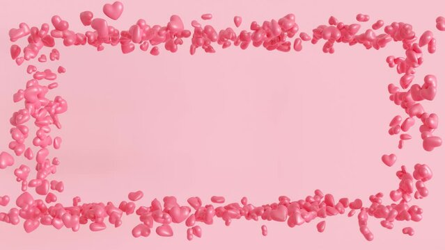 Pink hearts frame on pink background. Animated border with copy space in the middle. Valentine's Day, Mother's Day, Wedding, Woman's Day. Empty space for your text. Love, romance. It's a girl. 3D.
