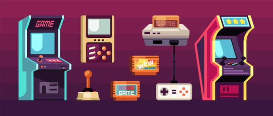 retro game machines. cartoon vintage arcade game controllers, 8 bit retro style game machines, slot machines. vector cartoon set of isolated objects.