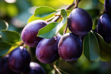 Rural Abundance: Lush Plum Branches Thrive in Sunlit Farm Landscape - Embrace the rustic charm as the bountiful plum branches flourish under the golden sun on the farm.