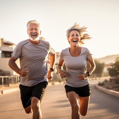 Active sporty middle aged couple running in the city, happy man and woman jogging together outdoors, having workout.