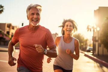Active sporty middle aged couple running in the city, happy man and woman jogging together outdoors, having workout.