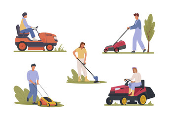 peoples with lawnmowers. simple minimalistic flat male characters with garden lawn mowers, mowing grass in garden. vector cartoon set. - obrazy, fototapety, plakaty