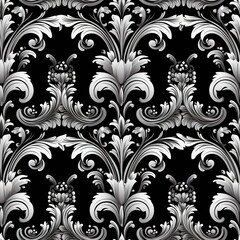 Black and white luxury vintage seamless floral damask pattern.
