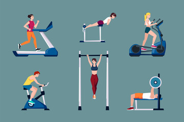 Fototapeta na wymiar gym characters set. cartoon healthy people training in sport training workout gym doing physical exercises with exercise equipment. vector cartoon characters set.