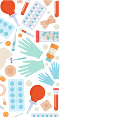 medical hospital banner. cartoon medical instruments first aid kit, gloves, flasks, tablets, syringe, pressure dispenser. vector vertical banner.