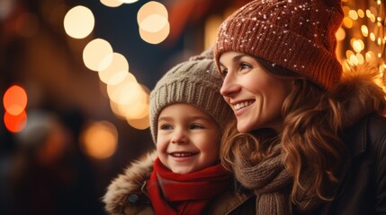 Obraz premium Mother and child having wonderful time on traditional Christmas market on winter evening.