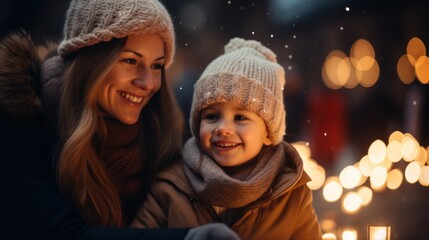 Mother and child having wonderful time on traditional Christmas market on winter evening.
