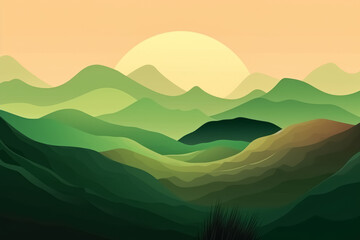 Flat style abstract minimalistic aesthetic mountains landscape background. Green color shades.