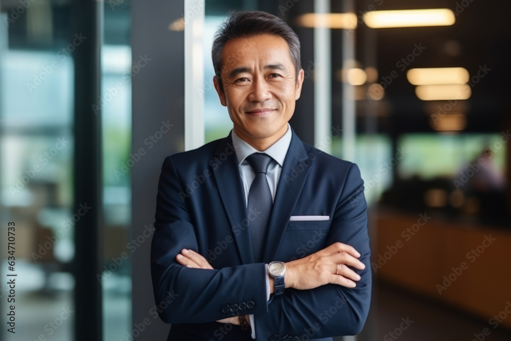 Wall mural happy proud prosperous mid aged mature professional asian business man ceo executive wearing suit st