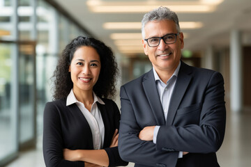 Happy confident professional mature business man and business woman corporate leaders managers standing in office, two diverse colleagues executives team posing together, portrait