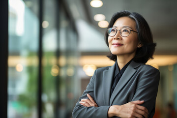 Happy proud prosperous mid aged mature professional Asian business woman ceo executive wearing suit standing in office arms crossed looking away thinking of success, leadership, side profile view. - obrazy, fototapety, plakaty