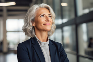 Happy proud prosperous mid aged mature professional business woman ceo executive wearing suit standing in office arms crossed looking away thinking of success, leadership, side profile view
