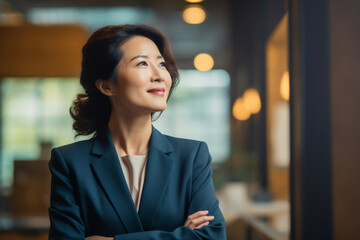 Happy proud prosperous mid aged mature professional Asian business woman ceo executive wearing suit standing in office arms crossed looking away thinking of success, leadership, side profile view. - obrazy, fototapety, plakaty