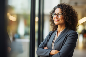 Happy proud prosperous mid aged mature professional latin business woman ceo executive wearing suit standing in office arms crossed looking away thinking of success, leadership, side profile view - obrazy, fototapety, plakaty