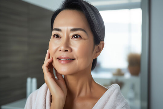 Headshot of gorgeous mid age adult 50 years old Asian woman standing in bathroom after shower touching face, looking at reflection in mirror doing morning beauty routine. Older skin care concept.