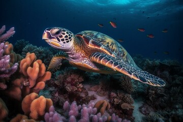 Naklejka na ściany i meble a turtle swims with vibrant coral, representing an animal and nature environment. Generative AI