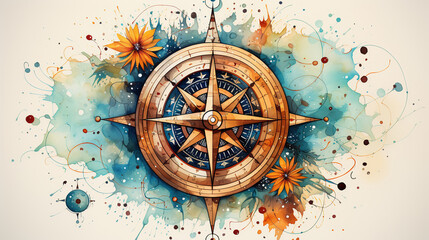 Watercolor compass clip art, white isolated background, space out