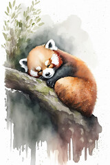 Beautiful watercolor colorful baby red panda sleepy for print design. Cute funny character. Animal art. Watercolor illustration. include "Generative AI"