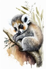 Watercolor lemur baby sleep on white background. Character design Watercolor illustration. Cute wildlife animal cartoon drawing of print. include "Generative AI"