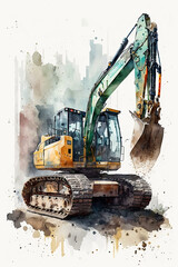 Beautiful watercolor colorful building car excavator yellow for print design. Watercolor on white background. Vintage watercolor car excavator art, great design. include "Generative AI"