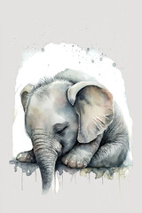 Beautiful watercolor colorful baby elephant sleep for print design. Cute funny character. Animal art. Watercolor illustration. include "Generative AI"