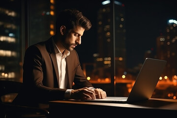Young busy Latin business man executive working on laptop at night in dark corporate office. Professional businessman manager using computer sitting at table, big city evening view