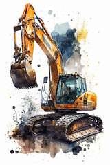 Watercolor building car excavator yellow illustration on white background. Vintage watercolor car excavator art, great design for any purposes. include "Generative AI"