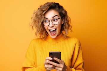 Young happy lucky woman student feeling excited winner looking at cellphone using mobile phone...