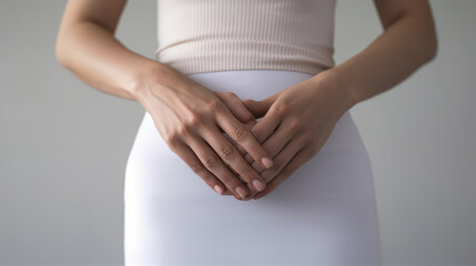 A woman's hand clutching her belly in discomfort due to stomach ache