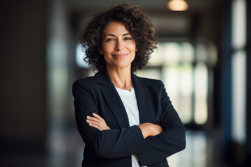 Happy proud prosperous mid aged mature professional latin business woman ceo executive wearing suit standing in office arms crossed looking away thinking of success, leadership, side profile view - obrazy, fototapety, plakaty
