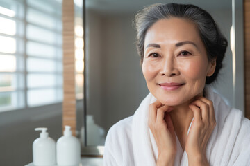 Headshot of gorgeous mid age adult 50 years old Asian woman standing in bathroom after shower touching face, looking at reflection in mirror doing morning beauty routine. Older skin care concept. - obrazy, fototapety, plakaty