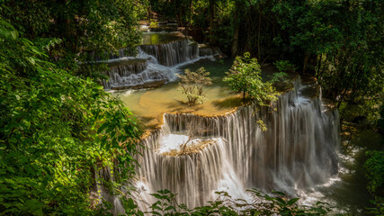 Obraz premium beautiful water fall and Leaf natural leaves and stream green forest in the mountain concept back ground cover page environment ecology or nature wallpape