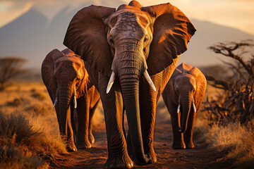 Elephants Grazing by Kilimanjaro