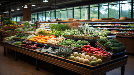 wide angle view of supermarket store interior with fresh fruits and vegetables on display,