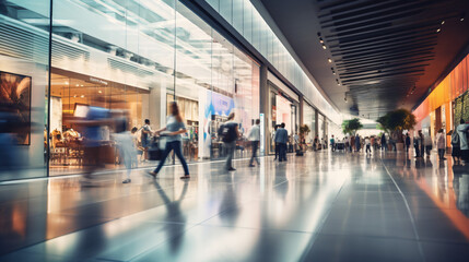 Background with a blur of a contemporary shopping mall featuring a few consumers. Shoppers strolling through the mall, evident motion blur. Abstractly blurred shoppers carrying shopping bag. Gen. AI