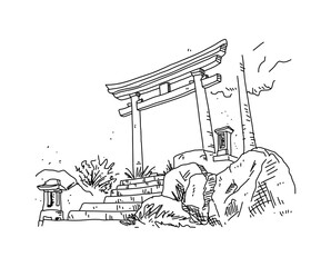 Japanese Torii Gate doodle illustration, a hand drawn sketch of Torii gate in Japan with stairs.