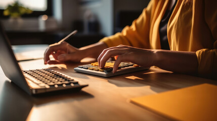 A female accountant carefully performs financial calculations on a calculator on her home office desk