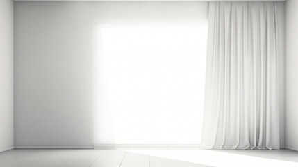 Window illuminated from behind with white drapes in a vacant space.
Unoccupied room with a white light casting shadows on the floor.
Room with a plain wall background Generative AI.